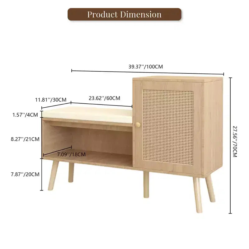 JVNOXK 2-in-1 Shoe Cabinet Storage Bench, PP Rattan Shoe Cabinet with 2 Adjustable Shelves and Removable Cushion, Shoe Organization Storage Cabinet