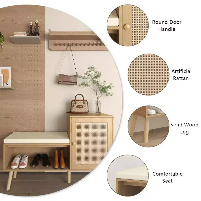 JVNOXK 2-in-1 Shoe Cabinet Storage Bench, PP Rattan Shoe Cabinet with 2 Adjustable Shelves and Removable Cushion, Shoe Organization Storage Cabinet