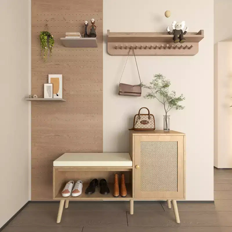 JVNOXK 2-in-1 Shoe Cabinet Storage Bench, PP Rattan Shoe Cabinet with 2 Adjustable Shelves and Removable Cushion, Shoe Organization Storage Cabinet