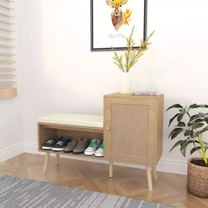 JVNOXK 2-in-1 Shoe Cabinet Storage Bench, PP Rattan Shoe Cabinet with 2 Adjustable Shelves and Removable Cushion, Shoe Organization Storage Cabinet
