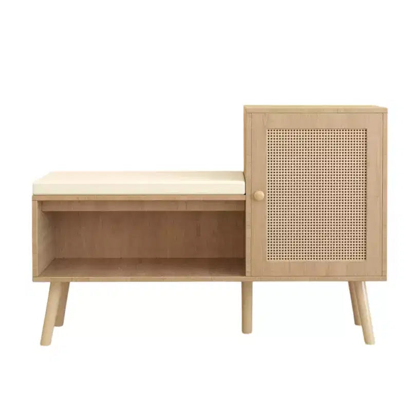 JVNOXK 2-in-1 Shoe Cabinet Storage Bench, PP Rattan Shoe Cabinet with 2 Adjustable Shelves and Removable Cushion, Shoe Organization Storage Cabinet