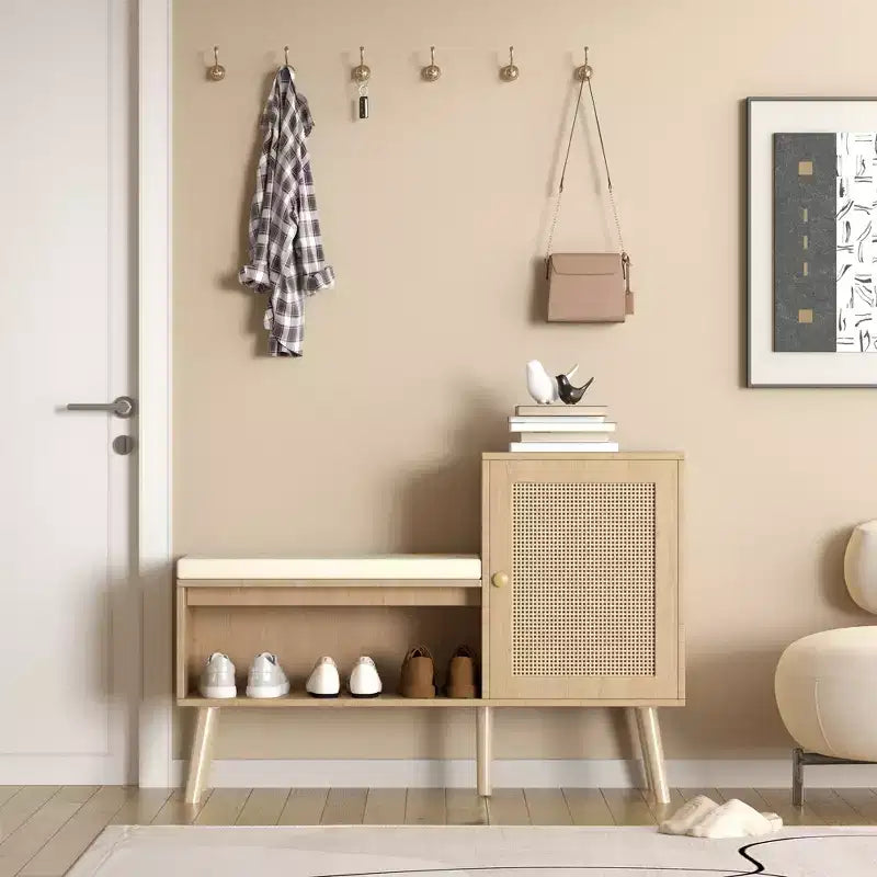JVNOXK 2-in-1 Shoe Cabinet Storage Bench, PP Rattan Shoe Cabinet with 2 Adjustable Shelves and Removable Cushion, Shoe Organization Storage Cabinet