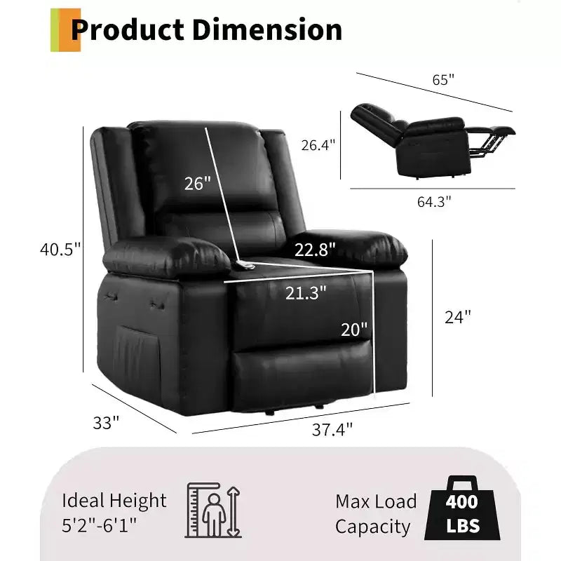 PU Leather Recliner Chair - Heat and Massage, Lift Recliner for Elderly & Mobility Impaired, Adjustable Back and Legs, Heavy Duty Lift Chair