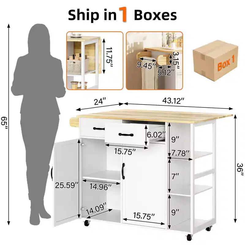 Kitchen Island Cart with Rolling Design, Drop Leaf, 2 Storage Cabinets, 2 Drawers, 3-Tier Spice Racks, and Towel Holder for Home Dining Room