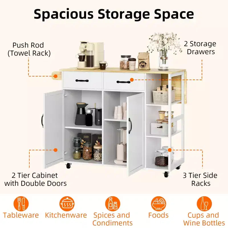 Kitchen Island Cart with Rolling Design, Drop Leaf, 2 Storage Cabinets, 2 Drawers, 3-Tier Spice Racks, and Towel Holder for Home Dining Room