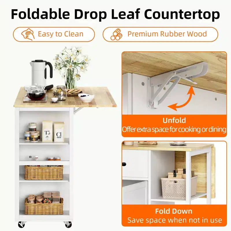 Kitchen Island Cart with Rolling Design, Drop Leaf, 2 Storage Cabinets, 2 Drawers, 3-Tier Spice Racks, and Towel Holder for Home Dining Room