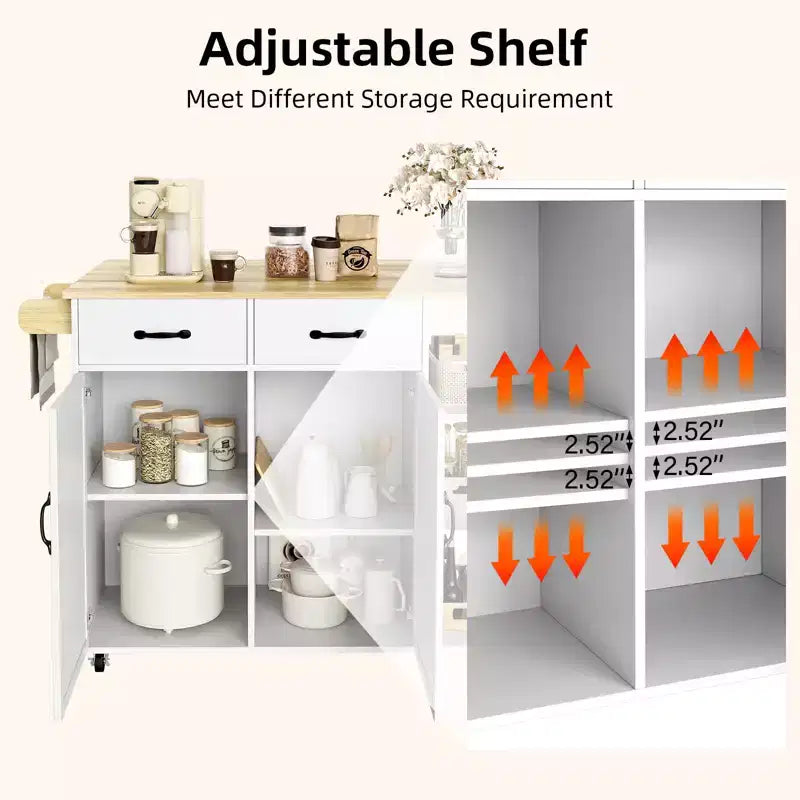 Kitchen Island Cart with Rolling Design, Drop Leaf, 2 Storage Cabinets, 2 Drawers, 3-Tier Spice Racks, and Towel Holder for Home Dining Room