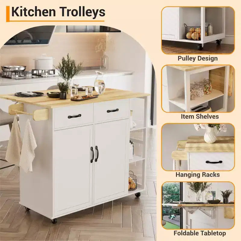 Kitchen Island Cart with Rolling Design, Drop Leaf, 2 Storage Cabinets, 2 Drawers, 3-Tier Spice Racks, and Towel Holder for Home Dining Room