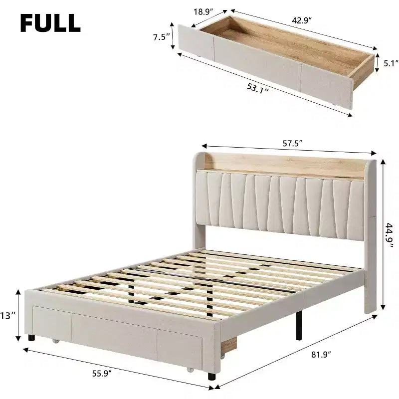 Full Size Bed Frame with Storage Headboard & Charging Station,Upholstered Platform with Storage Drawer, Wooden Slat Support, Noise-Free, Beige