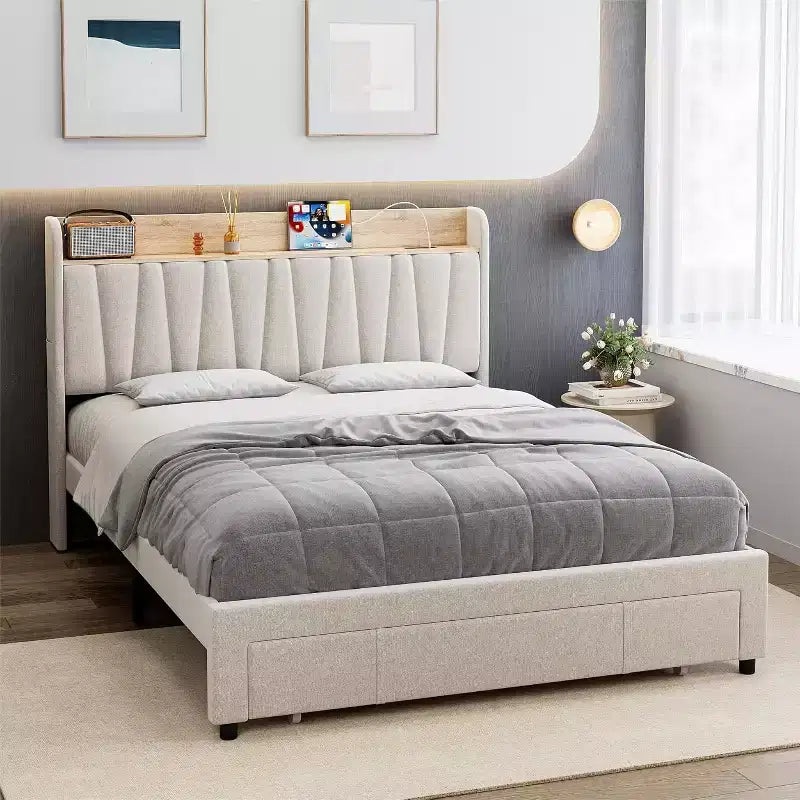 Full Size Bed Frame with Storage Headboard & Charging Station,Upholstered Platform with Storage Drawer, Wooden Slat Support, Noise-Free, Beige