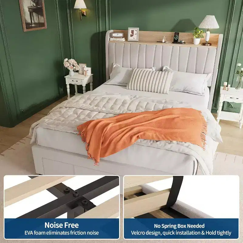 Full Size Bed Frame with Storage Headboard & Charging Station,Upholstered Platform with Storage Drawer, Wooden Slat Support, Noise-Free, Beige