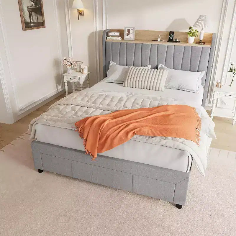 Full Size Bed Frame with Storage Headboard & Charging Station,Upholstered Platform with Storage Drawer, Wooden Slat Support, Noise-Free, Beige