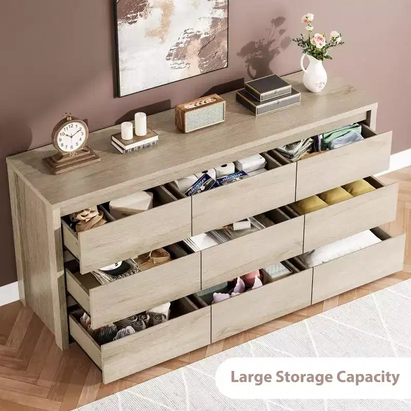 9 Drawer Dresser for Bedroom  Wide Modern Chest of Drawers, Large Wood Dresser Storage Organizer for Living Room, Hallway & Entryway