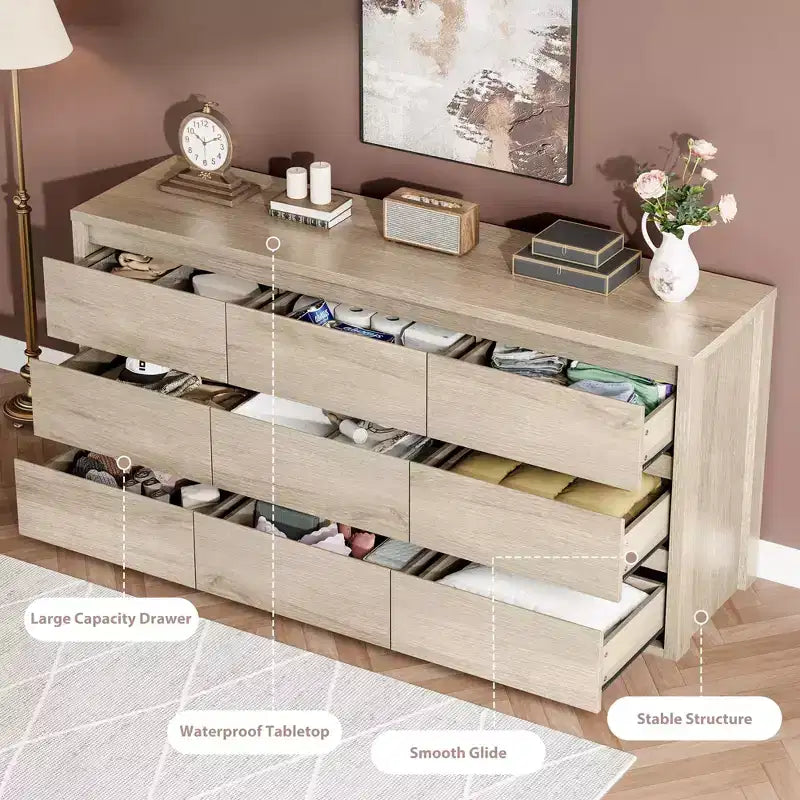 9 Drawer Dresser for Bedroom  Wide Modern Chest of Drawers, Large Wood Dresser Storage Organizer for Living Room, Hallway & Entryway