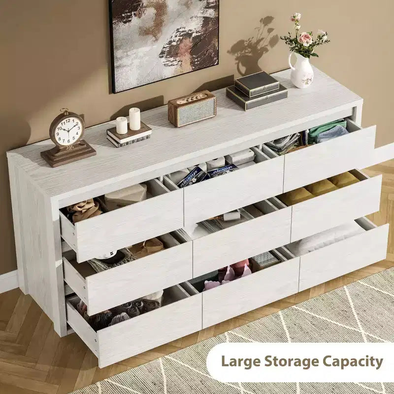 9 Drawer Dresser for Bedroom  Wide Modern Chest of Drawers, Large Wood Dresser Storage Organizer for Living Room, Hallway & Entryway