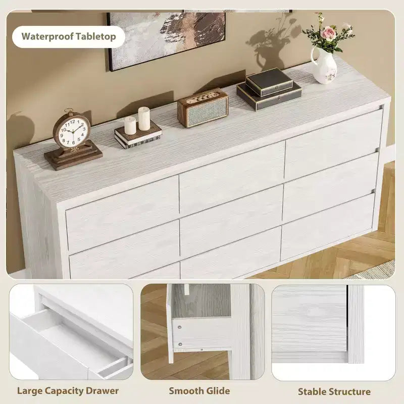 9 Drawer Dresser for Bedroom  Wide Modern Chest of Drawers, Large Wood Dresser Storage Organizer for Living Room, Hallway & Entryway