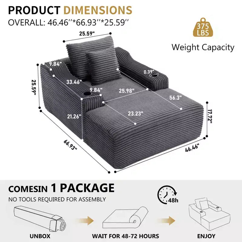 67'' Chaise Lounge Chair, Indoor Sleeper Sofa Bed with 2 Pillows, Boneless Single Sofa Couch for Living Room, No Assembly Required