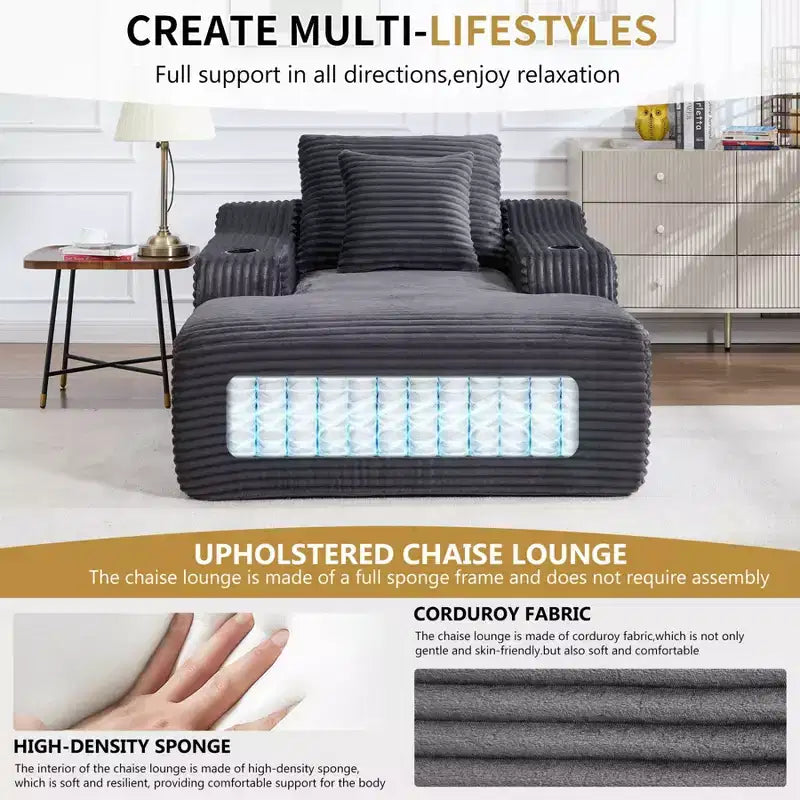 67'' Chaise Lounge Chair, Indoor Sleeper Sofa Bed with 2 Pillows, Boneless Single Sofa Couch for Living Room, No Assembly Required