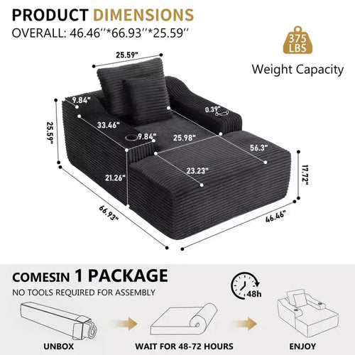 Chaise longue de 170 cm, canapé-lit intérieur avec 2 oreillers, canapé simple sans armature pour salon, aucun assemblage requis