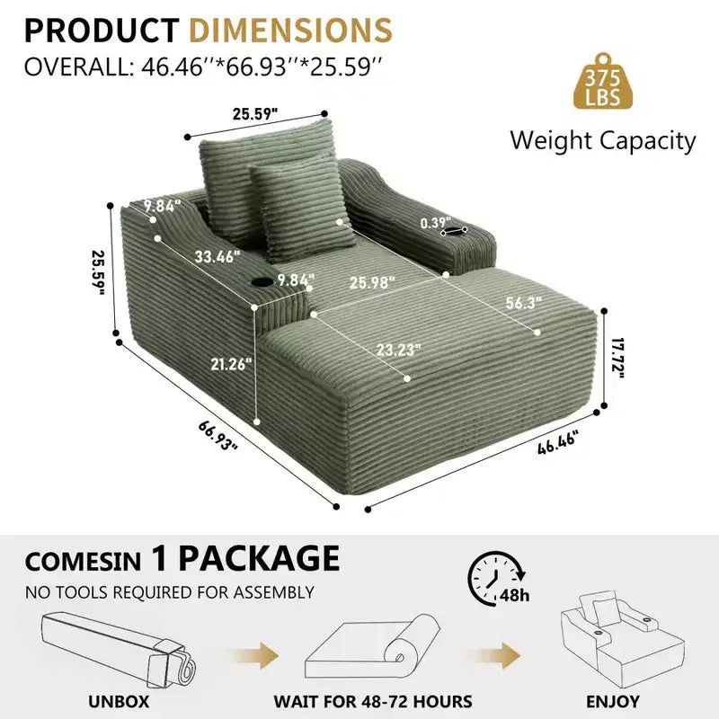 67'' Chaise Lounge Chair, Indoor Sleeper Sofa Bed with 2 Pillows, Boneless Single Sofa Couch for Living Room, No Assembly Required