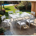 Outdoor Aluminum Dining Table, 40 x 70 Rectangular Table with Tapered Legs and Umbrella Hole, Matte White + Grayish Finish
