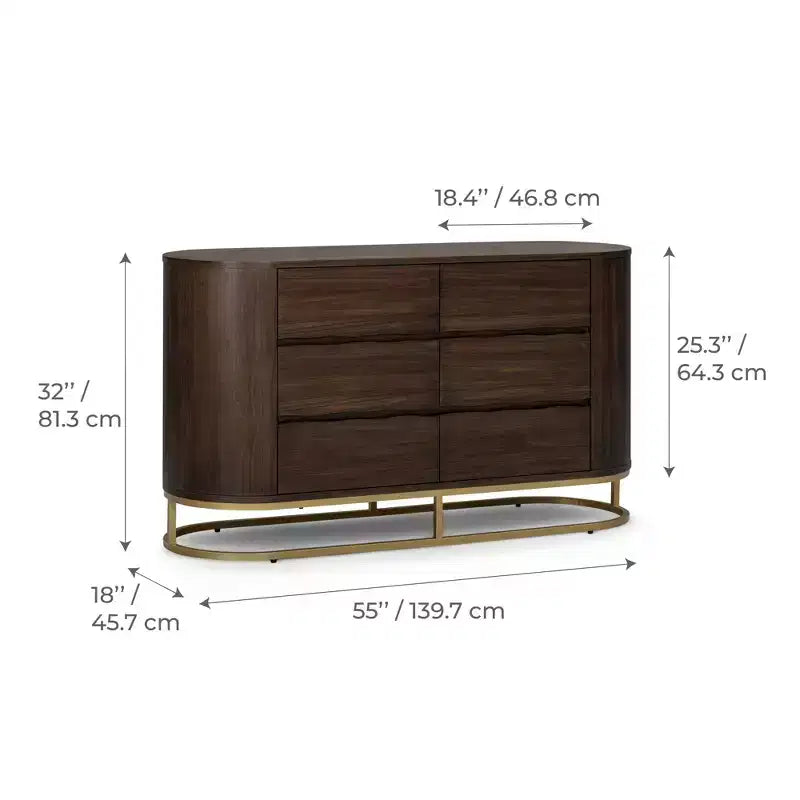 Teamson Home Seneca Modern 6-Drawer Dresser with Live Edge Design, Metal Base & Durable Mixed Wood Construction