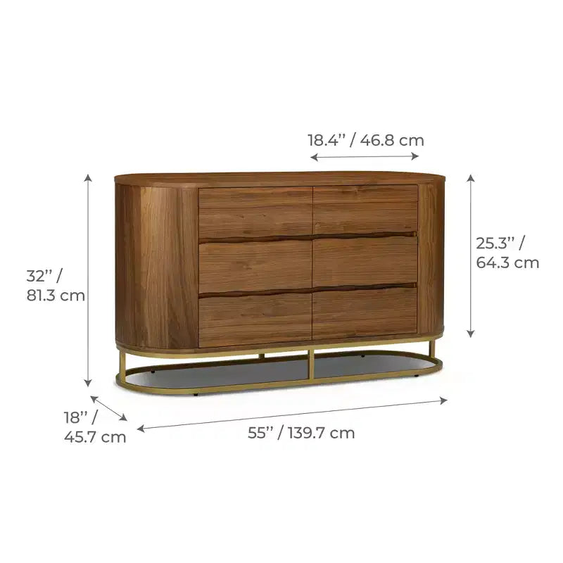 Teamson Home Seneca Modern 6-Drawer Dresser with Live Edge Design, Metal Base & Durable Mixed Wood Construction
