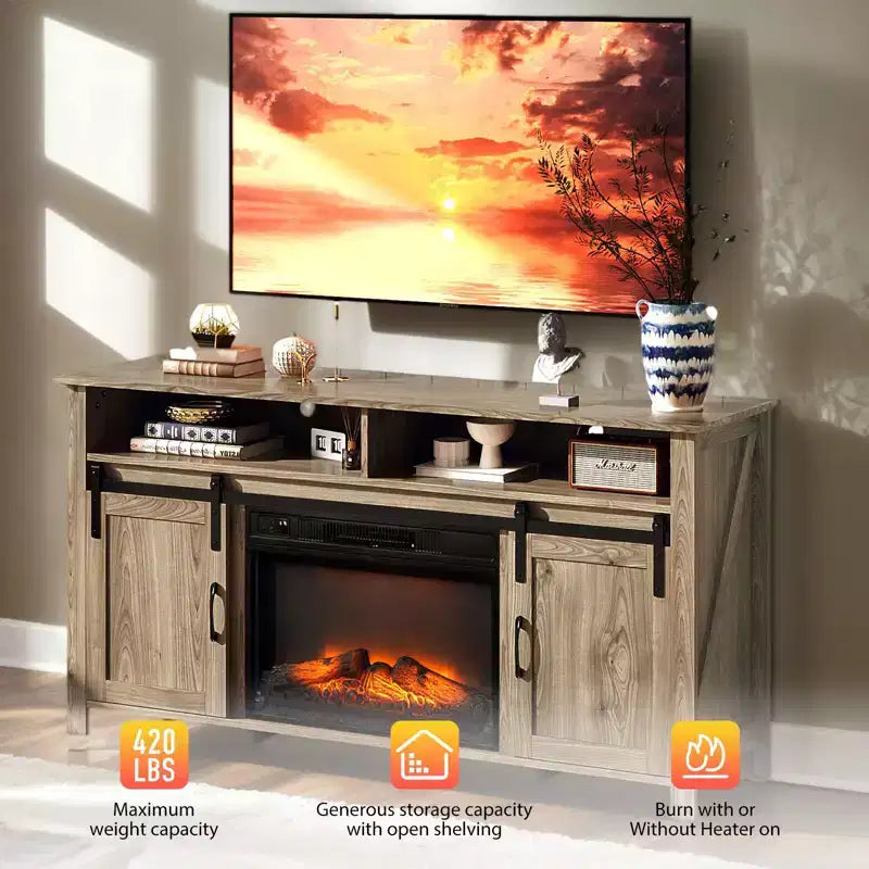 Farmhouse 59'' TV Stand For Tvs Up To 70'' With Electric Fireplace and 2-Door