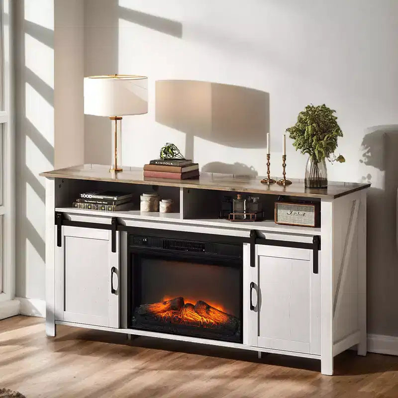Farmhouse 59'' TV Stand For Tvs Up To 70'' With Electric Fireplace and 2-Door