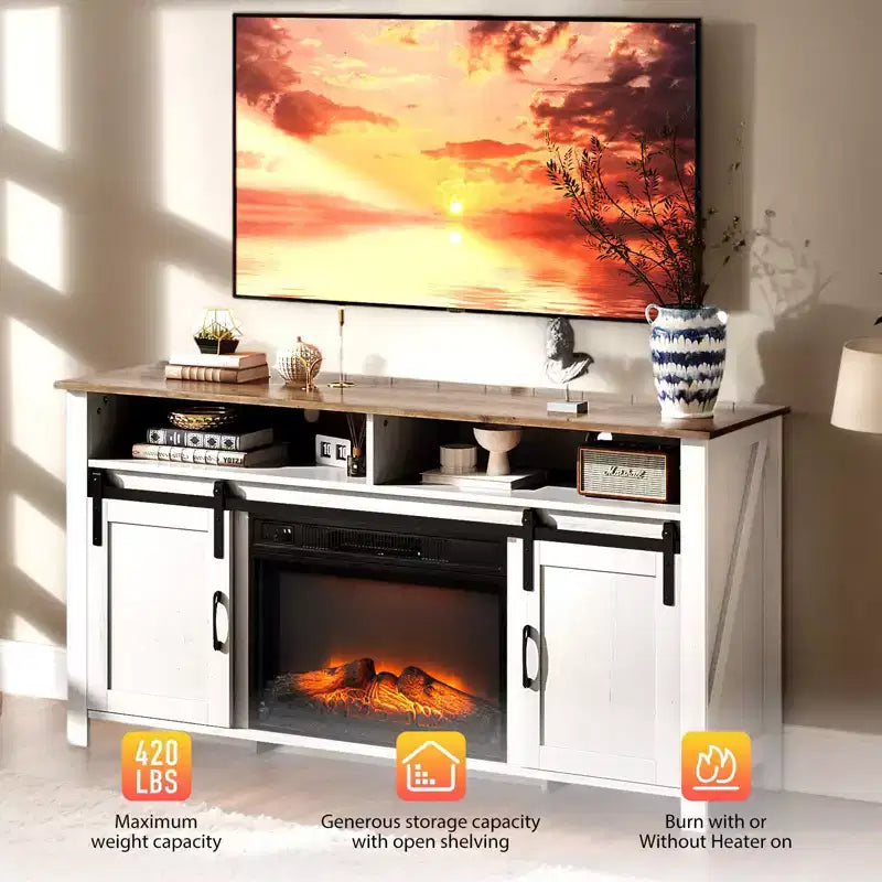 Farmhouse 59'' TV Stand For Tvs Up To 70'' With Electric Fireplace and 2-Door