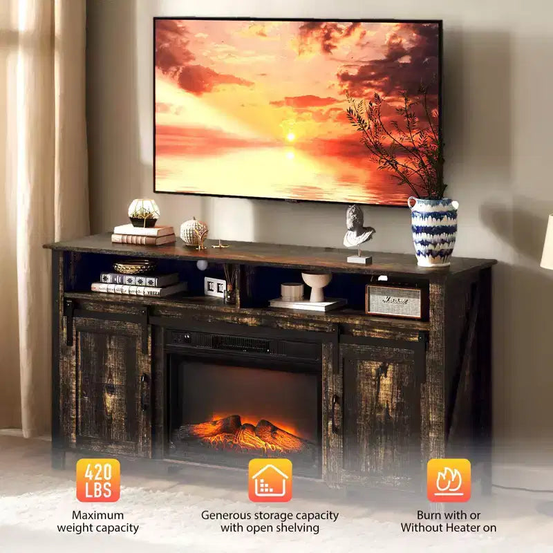 Farmhouse 59'' TV Stand For Tvs Up To 70'' With Electric Fireplace and 2-Door