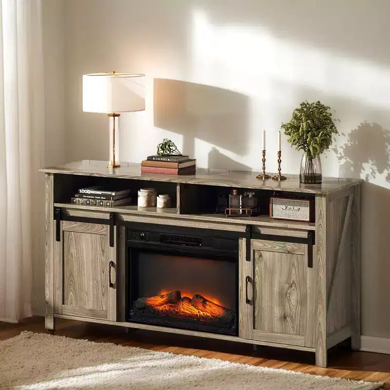 Farmhouse 59'' TV Stand For Tvs Up To 70'' With Electric Fireplace and 2-Door