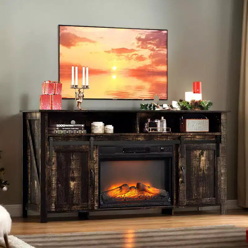 Farmhouse 59'' TV Stand For Tvs Up To 70'' With Electric Fireplace and 2-Door