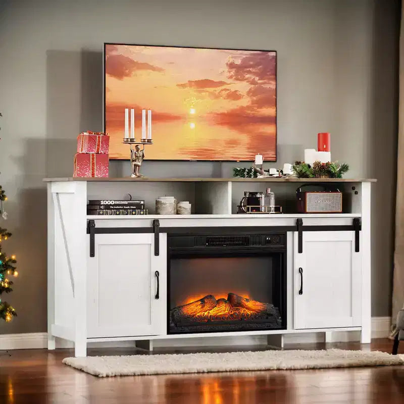 Farmhouse 59'' TV Stand For Tvs Up To 70'' With Electric Fireplace and 2-Door