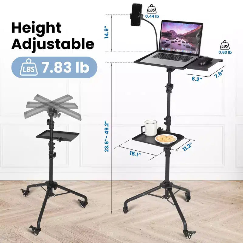 Projector Stand with Wheels, 23 to 49 Inch Adjustable Height Laptop Tripod Stand with Gooseneck Phone Holder, Portable Floor Stand for Office, Stage