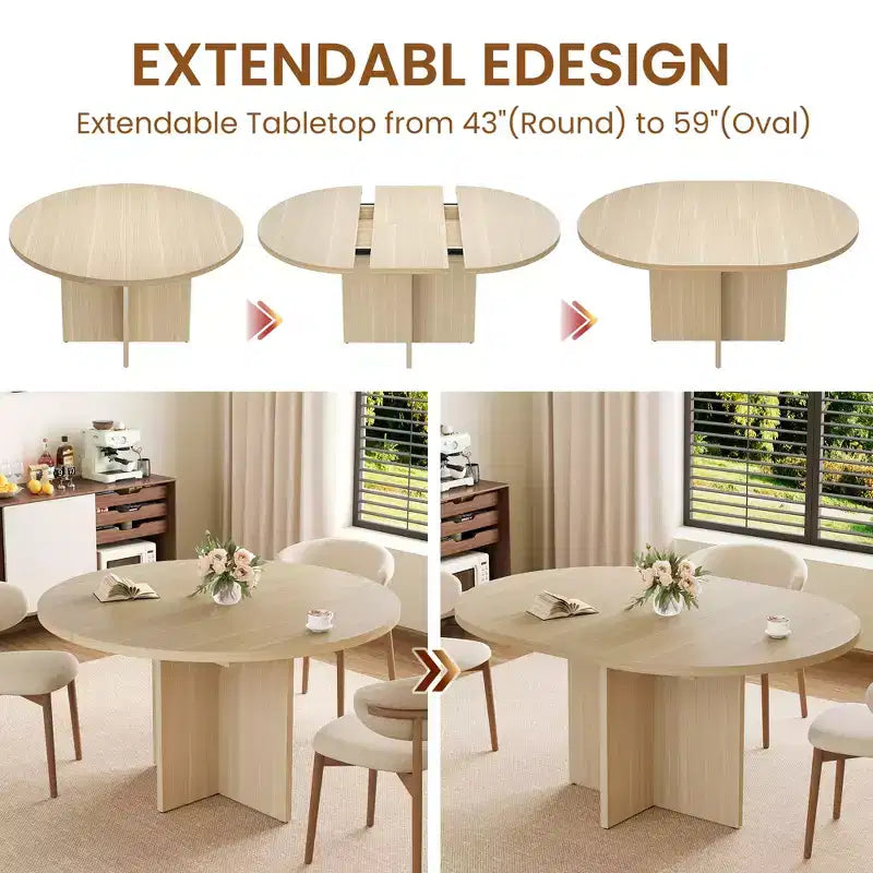 43.3''-59'' Extendable Dining Table for 4-8, Wood Kitchen Table with Hidden Storage & Cross Base, Modern Dinner Table for Kitchen Dining Room