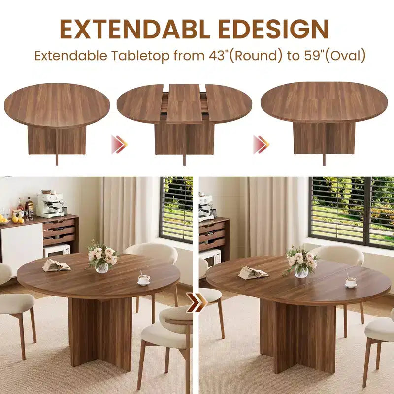 43.3''-59'' Extendable Dining Table for 4-8, Wood Kitchen Table with Hidden Storage & Cross Base, Modern Dinner Table for Kitchen Dining Room