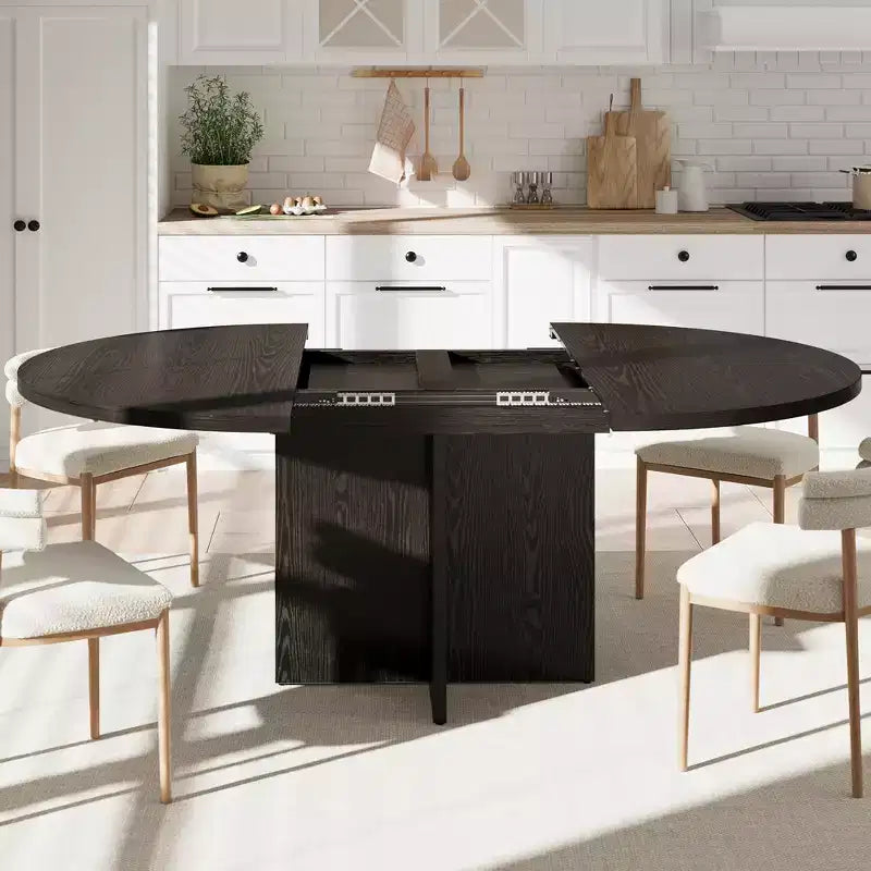 43.3''-59'' Extendable Dining Table for 4-8, Wood Kitchen Table with Hidden Storage & Cross Base, Modern Dinner Table for Kitchen Dining Room