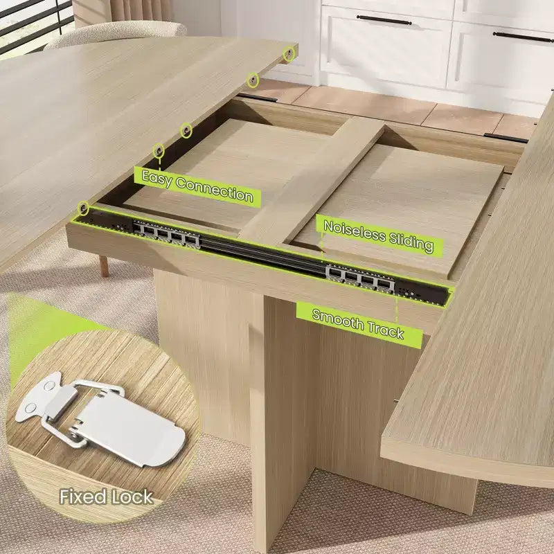 43.3''-59'' Extendable Dining Table for 4-8, Wood Kitchen Table with Hidden Storage & Cross Base, Modern Dinner Table for Kitchen Dining Room