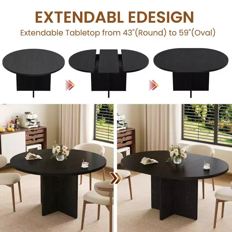43.3''-59'' Extendable Dining Table for 4-8, Wood Kitchen Table with Hidden Storage & Cross Base, Modern Dinner Table for Kitchen Dining Room