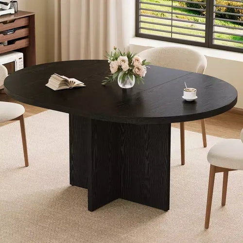 43.3''-59'' Extendable Dining Table for 4-8, Wood Kitchen Table with Hidden Storage & Cross Base, Modern Dinner Table for Kitchen Dining Room
