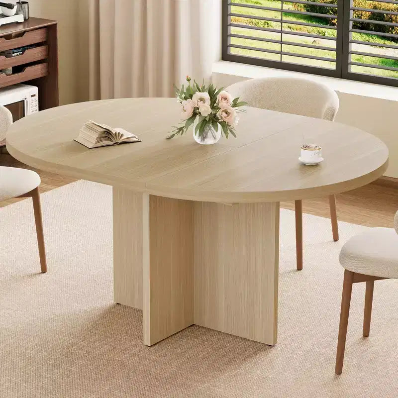 Table à manger extensible de 110 à 150 cm pour 4 à 8 personnes, table de cuisine en bois avec rangement intégré et piètement en croix, table de dîner moderne pour cuisine et salle à manger