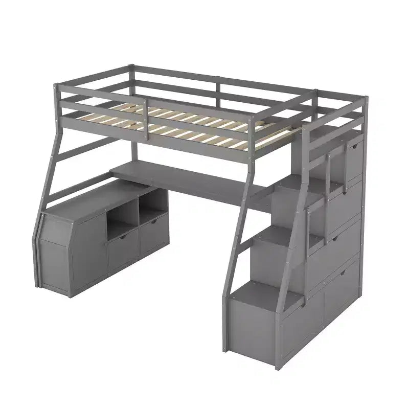 Luxystar Twin Size Loft Bed with 7 Drawers, 2 Shelves, Cabinet and Desk for Kids and Teens