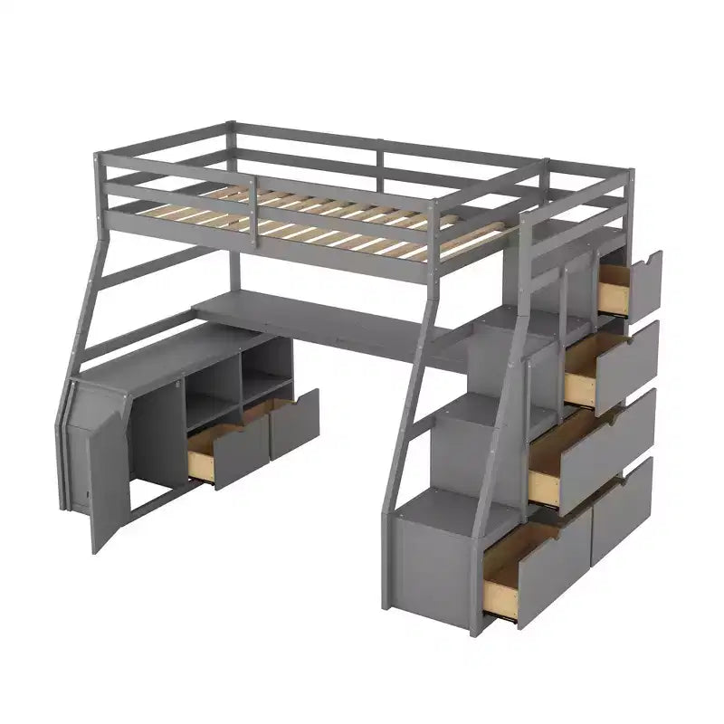 Luxystar Twin Size Loft Bed with 7 Drawers, 2 Shelves, Cabinet and Desk for Kids and Teens