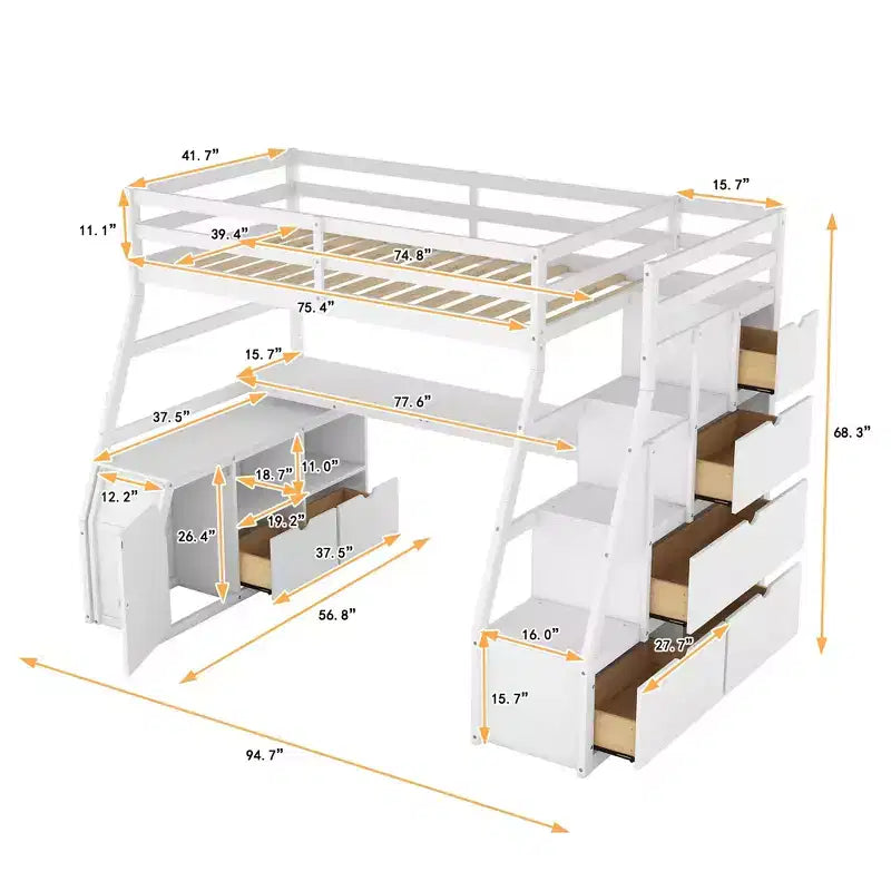 Luxystar Twin Size Loft Bed with 7 Drawers, 2 Shelves, Cabinet and Desk for Kids and Teens