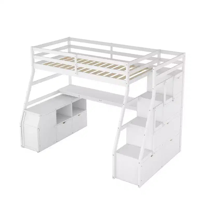 Luxystar Twin Size Loft Bed with 7 Drawers, 2 Shelves, Cabinet and Desk for Kids and Teens