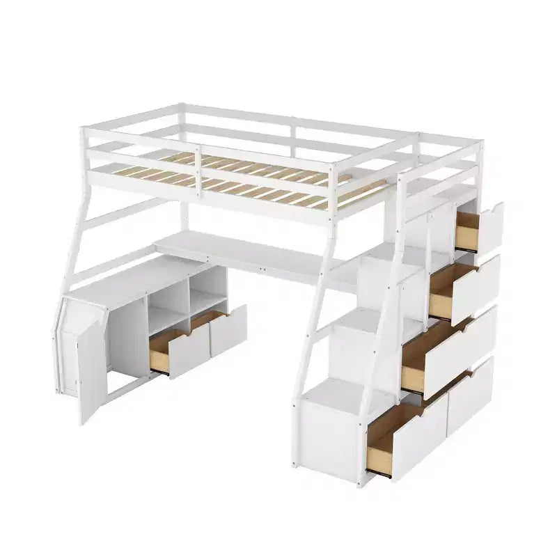 Luxystar Twin Size Loft Bed with 7 Drawers, 2 Shelves, Cabinet and Desk for Kids and Teens