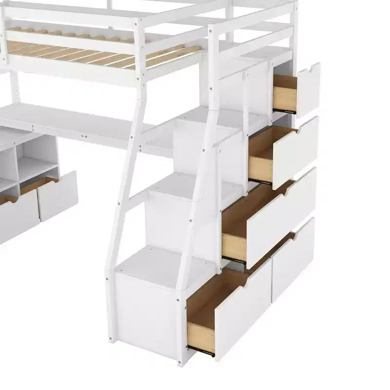 Luxystar Twin Size Loft Bed with 7 Drawers, 2 Shelves, Cabinet and Desk for Kids and Teens