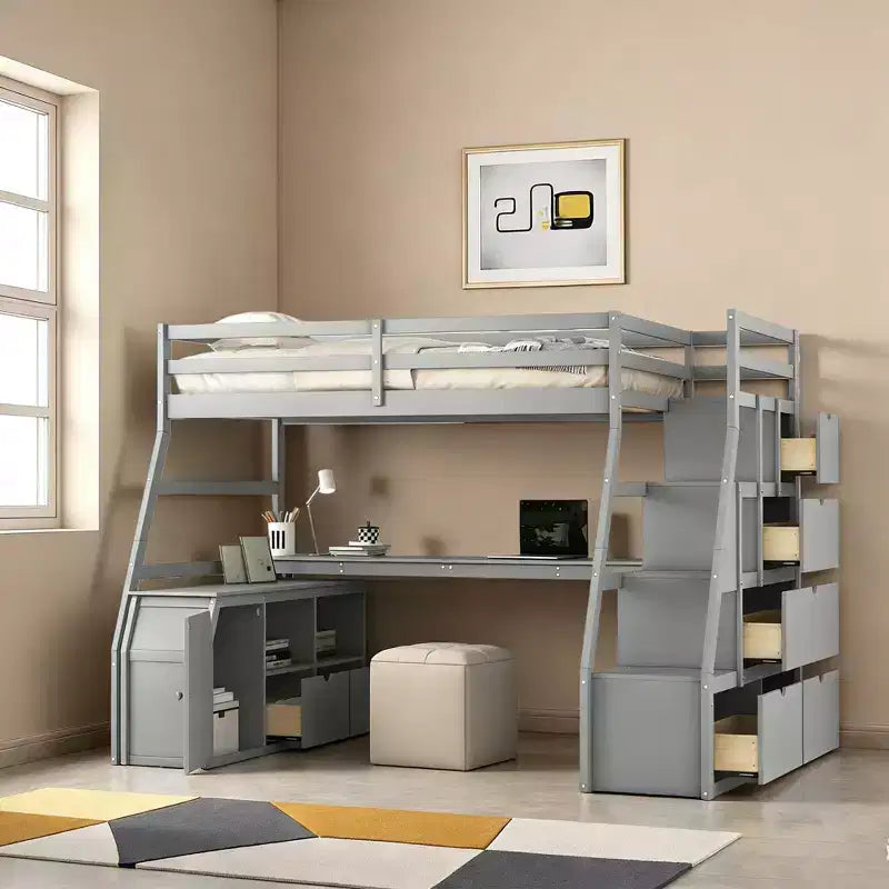 Lit mezzanine double Luxystar avec 7 tiroirs, 2 étagères, une armoire et un bureau pour enfants et adolescents