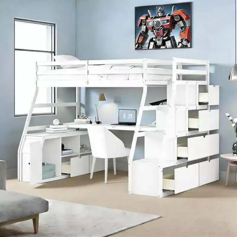 Lit mezzanine double Luxystar avec 7 tiroirs, 2 étagères, une armoire et un bureau pour enfants et adolescents